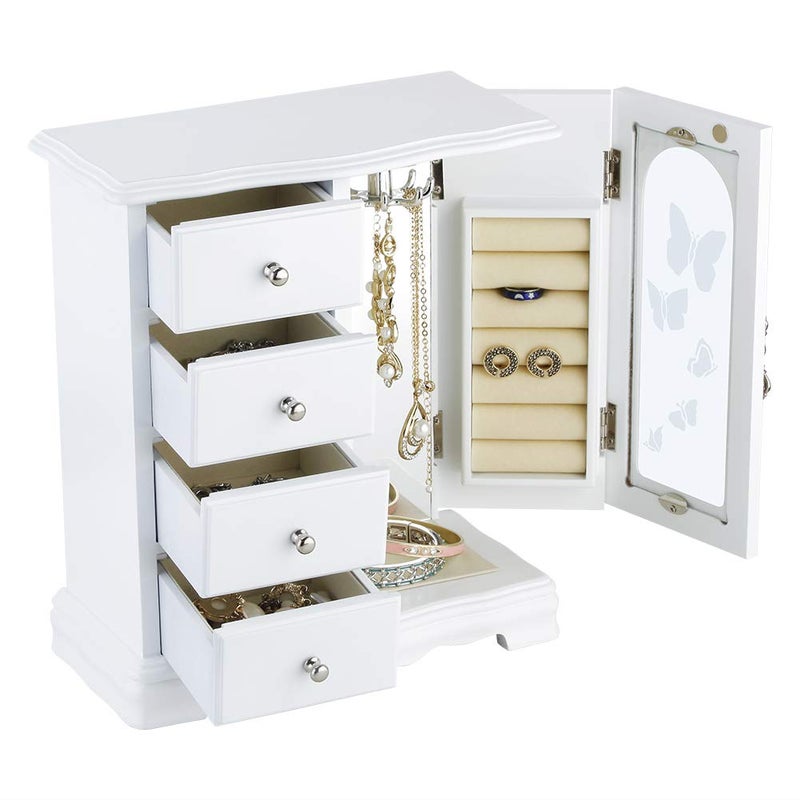 RR ROUND RICH DESIGN Jewelry Box - Made of Solid Wood with 4 Drawers Organizer and Built-in Necklace Carousel and Large Mirror White - Image 2